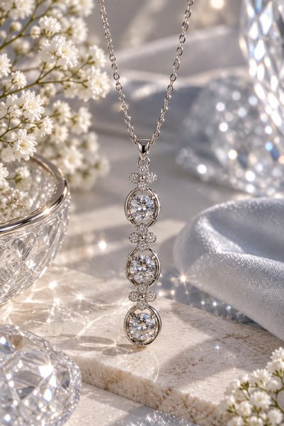 Sylvera Shop Triple Oval Stone & Flower Detailed Luxury Steel Y Necklace (Sil...