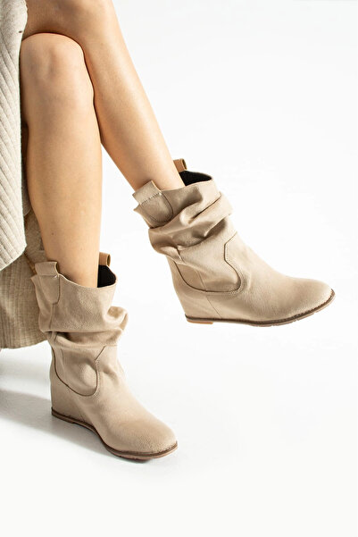 Tibu Ayakkabı Beige Suede Hidden Wedge Heel Boots