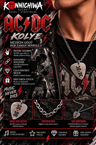 FG KONNİCHİWA Ac/Dc Necklace – Pen Design with Lightning Detail Rock Music Ne...