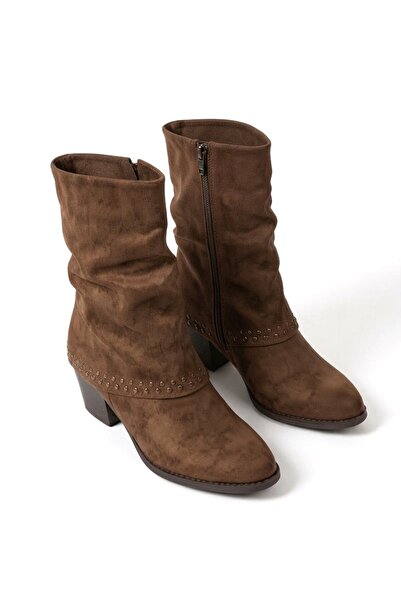 Zerenyus Zrne-B03 Premium Zippered Winter Brown Suede Heeled Boots