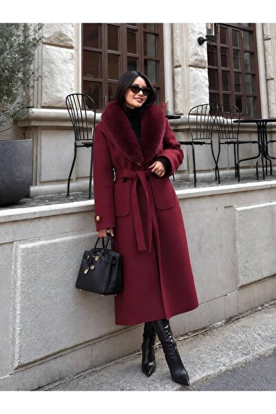 EMMAS CLOTHİNG Kürk Yaka Detaylı Kuşaklı Uzun Kaşe Kaban