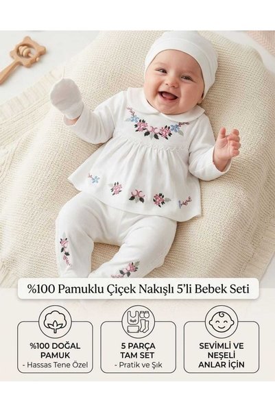 milay's life home collections %100 pamuk kız bebek 5 li çiçek desenli zıbın takımı 0-3 ay