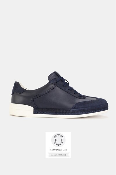 TUNAELLİ Men's Dark Blue Suede Genuine Natural Leather Sneaker Shoes
