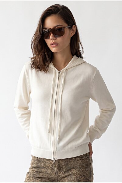 Mixray 7076 Women's Hooded Zippered Soft Textured Knitwear Cardigan Natural