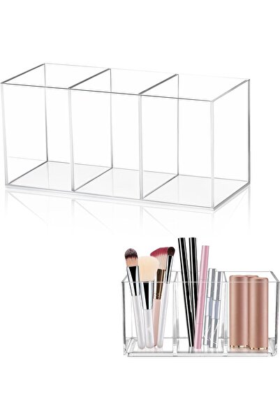 Generic Makeup Brush Storage Box, Acrylic Pen Holder, 3 Compartments Clear Ma...