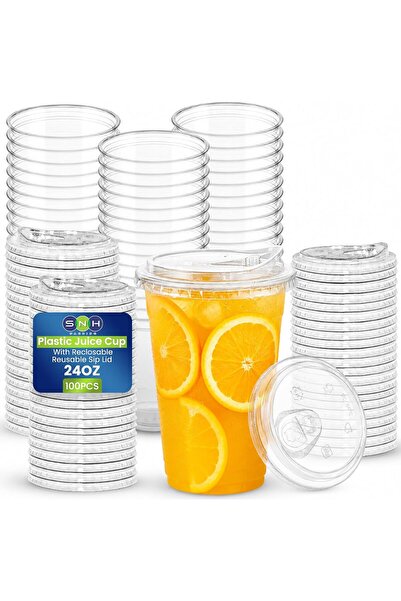 Generic أكواب بلاستيكية شفافة سعة 20 أونصة مع أغطية بدون شفاطات، عبوة من 50 ك...