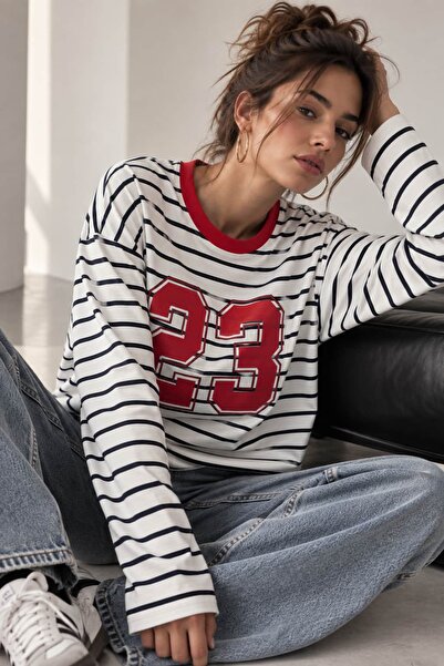 bb butik basic 23 Printed Striped Oversize Modal Long Sleeve Blouse - White F...