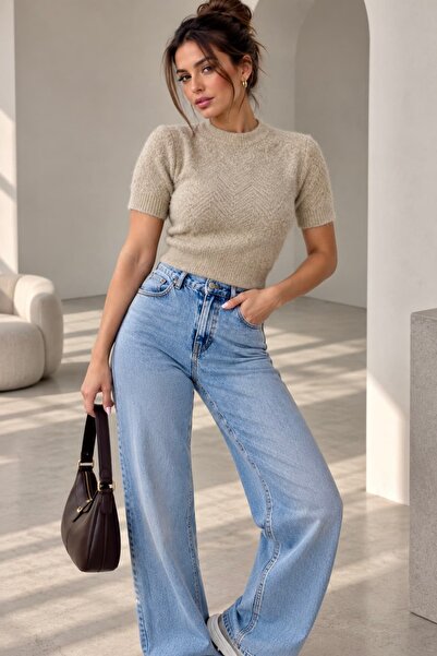 bb butik basic Γυναικείο πλεκτό πουλόβερ με μαλακή υφή και σχέδια, κοντομάνικ...