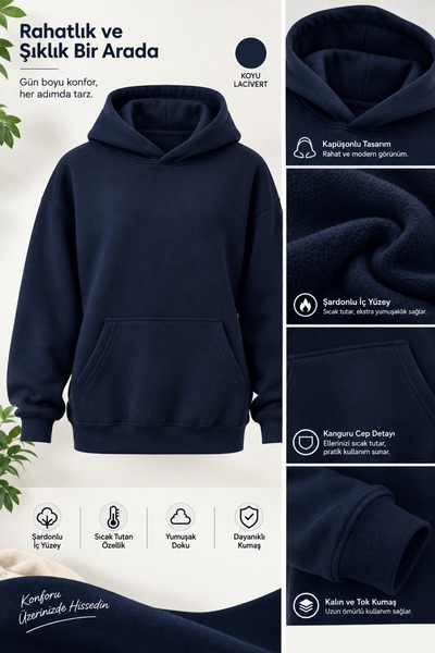 Kapüşonlu Sweatshirt Normal Kalıp Ünisex Kadın Erkek 2-İplik Şardonlu Rejenere Kumaş İçi Polarlı Kışlık Baskısız Düz Renk Sade
