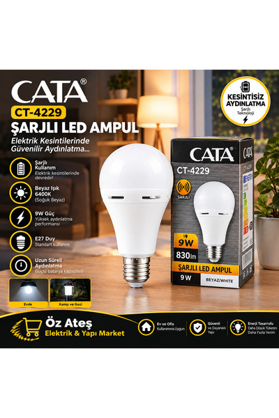 Cata CT-4229 9W Şarjlı LED Ampul – 6400K Beyaz Işık