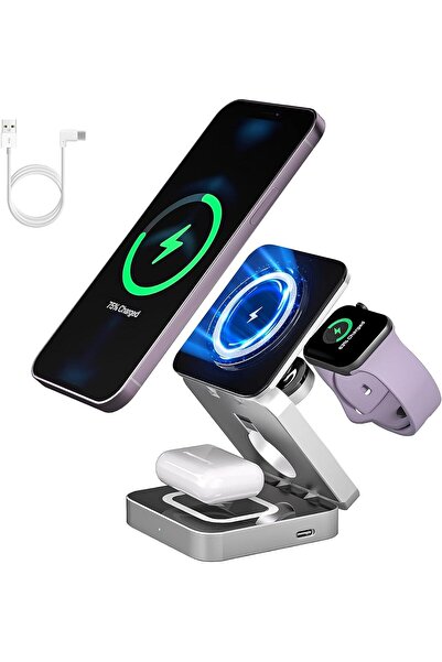 Generic محطة شحن لاسلكية 3 في 1، حامل شحن محمول قابل للتعديل بتقنية MagSafe ل...