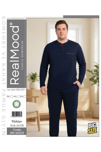 REN Men's Navy Blue Large Size Pajama Set, Solid Color Navy Blue 100% Cotton ...