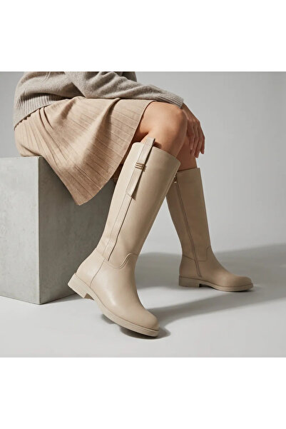 topuksarayı Zanna Women's Minimal Flat Sole Buckle Boots Beige-Leather