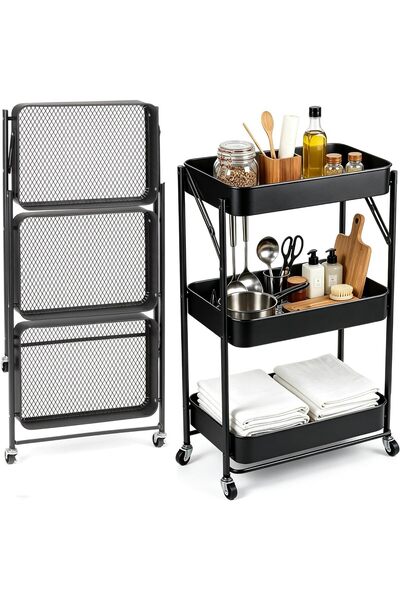 Generic 3-Tier Foldable Rolling Storage Trolley Cart with Lockable Wheels, Mu...
