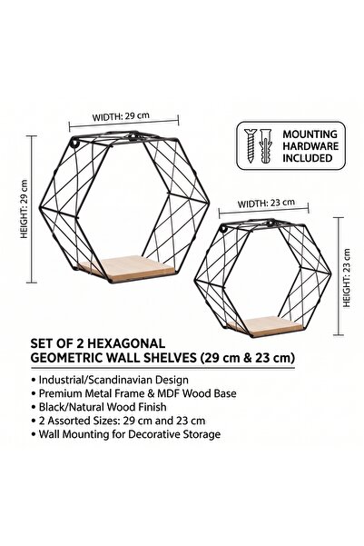 HYVESTO Set 2 Rafturi Suspendate Decorative Hexagonale din Metal si MDF (2 Ma...
