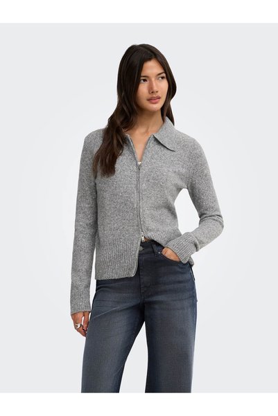 ONLY Onlmacey Ls Zıpper Cardıgan Fermuarlı Gri Kadın Kazak 15382508