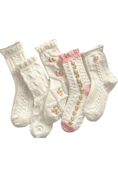 Generic Floral Lovely Design Cotton Socks, 5 Pairs Lolita Kawaii Patterned Cr...