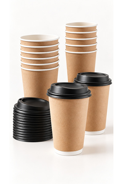 Köksal Pack 14 Oz Double Wall Kraft Kahve Bardağı 25 Bardak 25 Kapak Çift Duv...