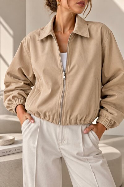 bb butik basic Seasonal Zippered Bomber Jacket Oversize Comfortable Fit - Cre...