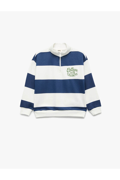 Koton Half Zipper High Collar Oversize Striped Ecru Boys' Sweatshirt 7Wkb10051Tk