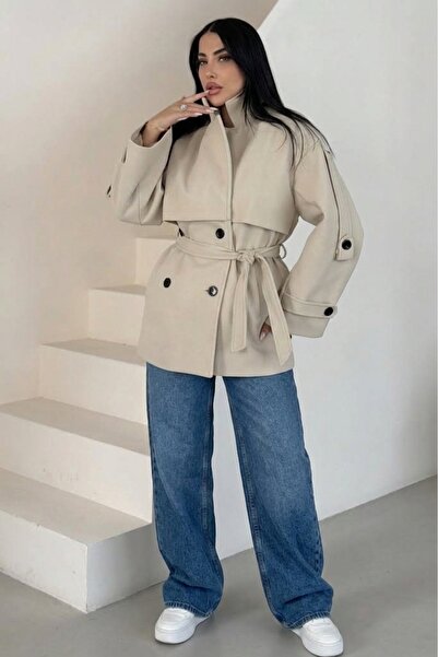 PRİFALDİ Agli̇mmer Vi̇ral Women's Cape Collar Belted Short Lined Ecru Cashmer...