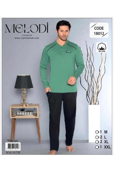 REN Men's solid green top & black bottom 100% cotton jersey pajama set, butto...