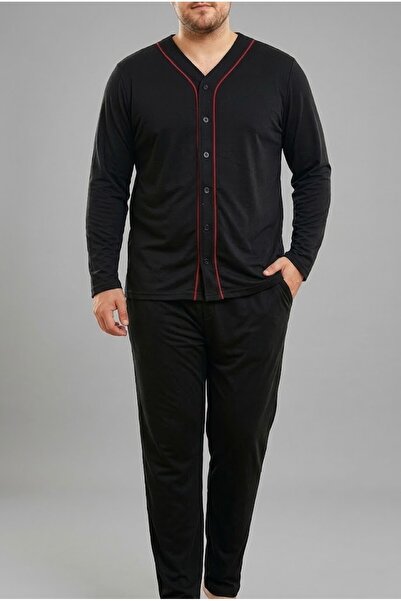 REN Men's Black Large Size Pajama Set, Solid Color Black 100% Cotton Combed C...