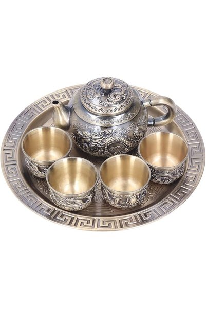 GENERAL طقم شاي مغربي، إبريق شاي من سبيكة الزنك مع نقش بارز و4 أكواب
