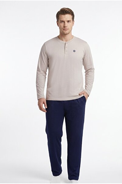 REN Men's Top Navy Blue Bottom Cream Large Size Pajama Set, 100% Cotton Combe...