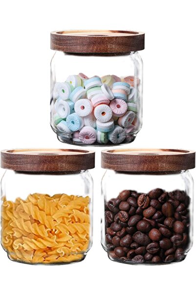 Generic Glass Storage Jars with Acacia Wood Lids -Set of 3 Transparent Borosi...