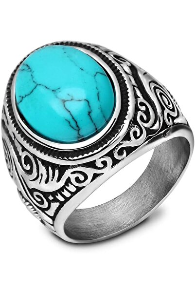 Generic Retro Vintage Stone Rings for Men, Turquoise Stainless Steel Signet B...