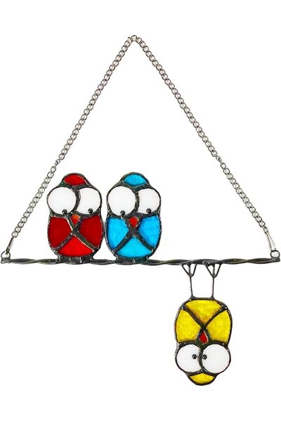 Generic Multicolor Owls on a Wire High Stained Glass Suncatcher Panel,Bird Su...