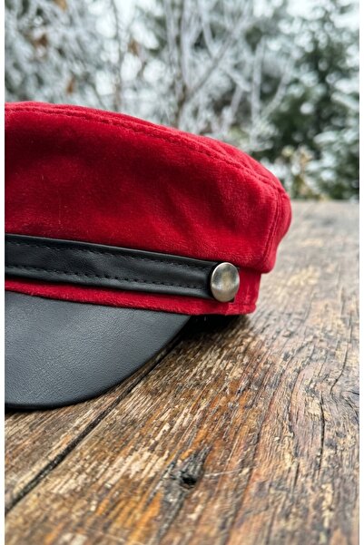 emybox Kadın Süet Dokulu Deri Siperlikli Kaptan Şapka Vintage Kasket Şerit Detaylı Kışlık Ressam Şapkası Baker Boy Trend Aksesuar