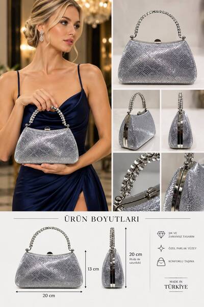 womenacs Platin Renk Yılan Desenli Materyal Tasarım Abiye Clutch Zincir Askıl...