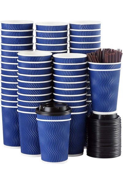 Generic Coffee Cups with Lids and Straws(50 Set),Ripple Insulated Triple Corr...