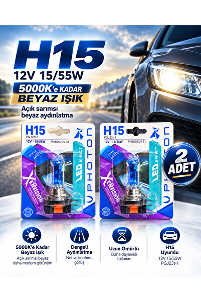 DuoLight H15 Xenision 5000K’e Kadar Beyaz Işık 2 Adet – 12V 15/55W Premium Ha...
