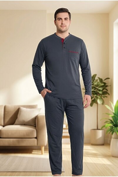 REN Men's Large Size Pajama Set, Solid Color Smoked 100% Cotton Combed Pajama...