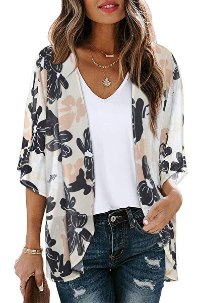 Generic Women's Floral Print Puff Sleeve Kimono Cardigan Loose Cover Up Casua...
