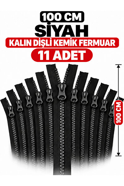 100 cm Siyah Kalın Kemik Dişli Fermuar Çanta ve Mont Fermuarı 11 Adet