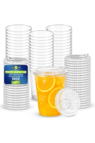 Generic 20oz Clear Plastic Cups with Strawless Lids, Pack of 50 PET Transpare...