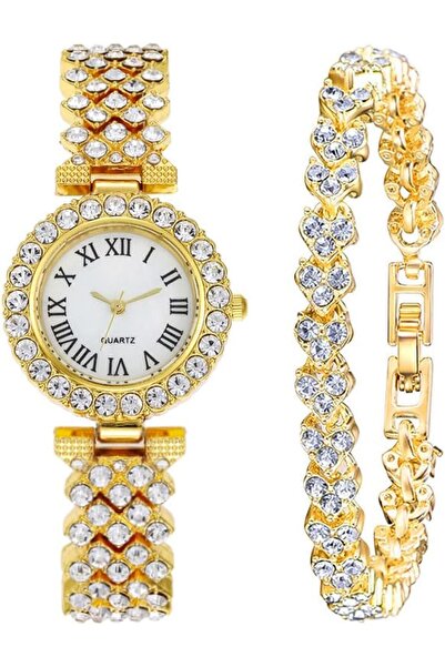 Generic Luxury Rhinestone Quartz Watch Set with Stainless Steel Bracelet - Sh...