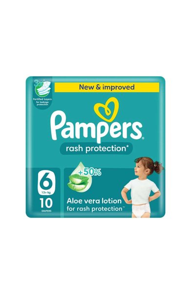 Pampers حماية من الطفح الجلدي، مقاس 6، 13+ كجم، حقيبة حمل، 10 حفاضات