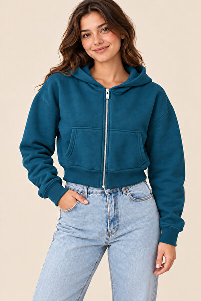 FAVORİST Women's Zippered Crop Cardigan Sweatshirt
