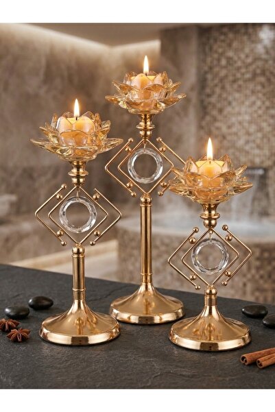 voliX Dizayn Dekoratif Şamdan Seti 3’lü Gold Kristal Lotus Çiçekli Lüx Masa Ş...