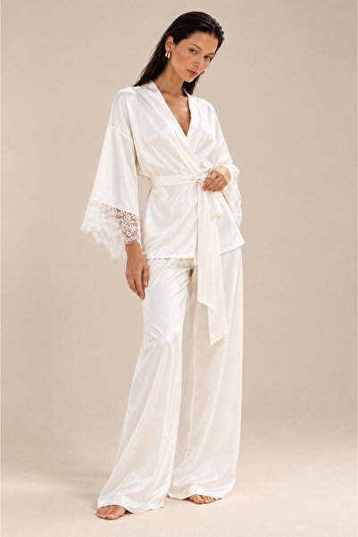 lousa Silky Satin Spanish Sleeve Cuff Lace 2-Piece Pajama Set
