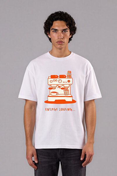 VSRN Tricou supradimensionat alb cu imprimeu frontal Coffee Energy Loading De...