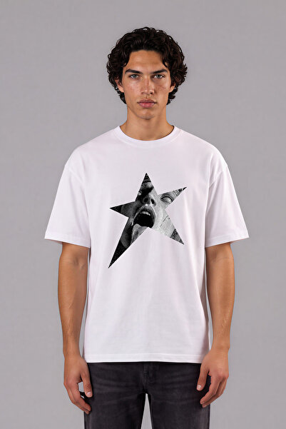 VSRN Tricou supradimensionat alb cu imprimeu frontal Star pentru femei
