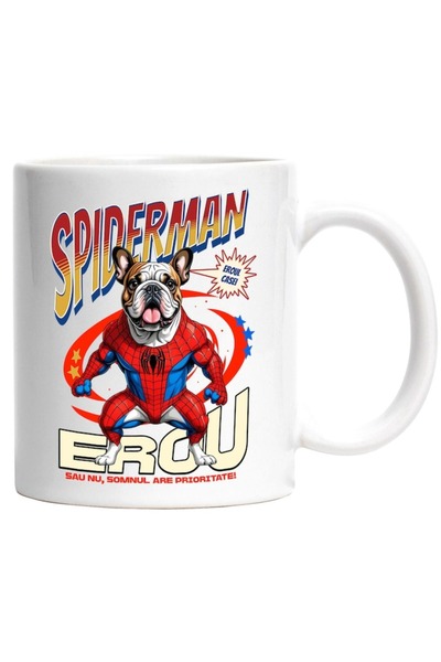 INOVATIX Cana alba personalizata,Bulldog Caine In Costum de SpiderMan cu Pele...