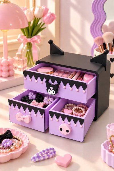 PELIUS Kuromi Makeup Organizer 3 Drawer Jewelry Cosmetic Accessory Organizer Desktop Decorative Box