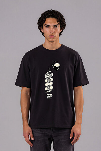 VSRN Tricou oversize negru cu imprimeu frontal Coffee Till Die Design
